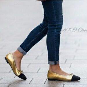 Sam Edelman Marley Gold Black Cap Toe Ballet Flats Women’s Size 9.5M Leather NIB